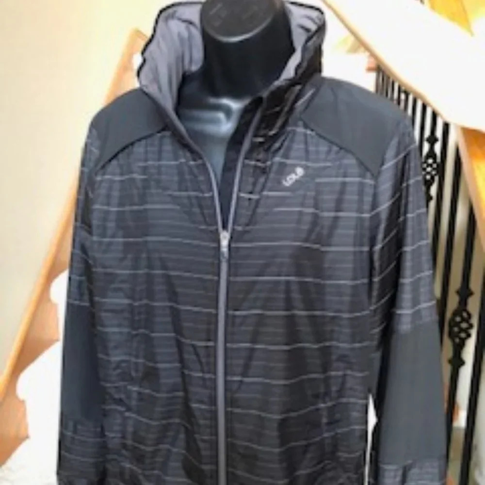 Lole Performance Hooded Striped Full Zip Windbreaker Jacket Black + Grey Sz L